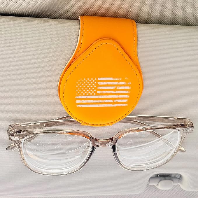 American Flag - Car Sunglass Holder, Magnetic Leather Eyeglass Hanger Mount Clip Holder for Car Visor Accessories (Yellow) | Magnetic Leather - Image 2