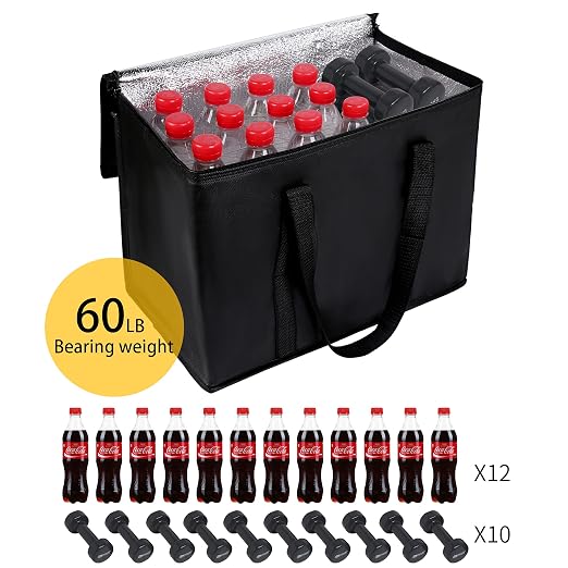 2 pack Additional Bottom Plate Black Insulated Grocery shopping bag , Delivery,pizza,reusable bags, Sturdy zipper,Collapsible,tote,cooler,thermal,Beach,waterproof heavy duty - Image 5