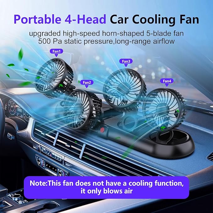 4-Head Car Fan,3-Speed Adjustable Car Cooling Fan for Vehicle,360°Rotatable Portable Cooling Fans for Car,USB/12V Cigarette Lighter Powered,Powerful Airflow for SUV Rv Sedan Van Boat - Image 2