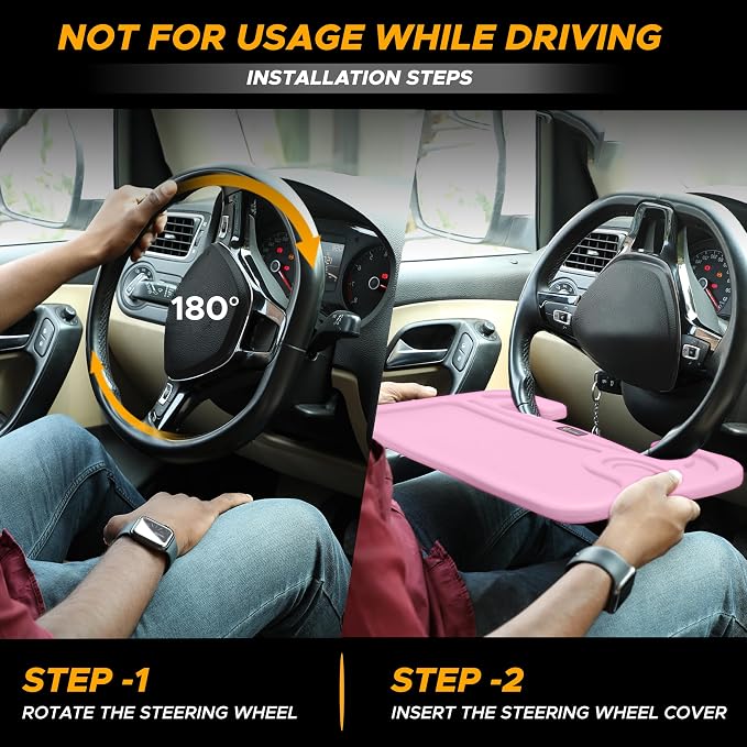 EcoNour 2 in 1 Car Steering Wheel Desk | Steering Wheel Tray for Laptop | Pink Food Table Tray for Eating with Drinks Holder | Car Accessories - Image 6