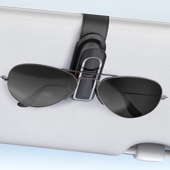 Veharvim Sunglass Holder for Car (2 Pack, One-Handed Operation, Gentle & Secure Hold, Silicone Padded, Universal Fits Sunglass and Car Visor) - Sunglasses Clip for Car Visor (Black & Silver, 1 Pack) by Veharvim