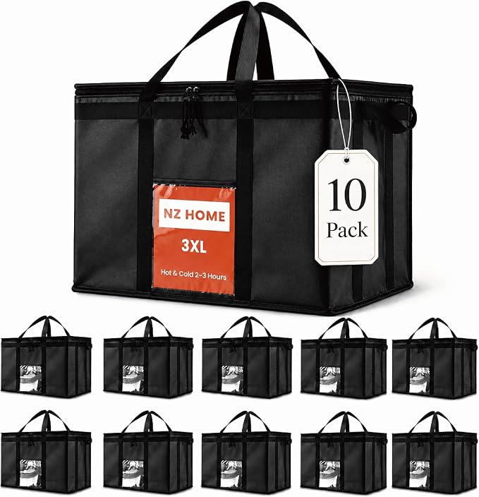 NZ home Insulated Food Bag, Portable Cooler Tote (3XL, Black, 10 Pack) | Large thermal bag, For cold & hot food, Soft sided cooler, Heavy duty carrier, Grocery shopping, Food delivery, Catering bag by NZhome