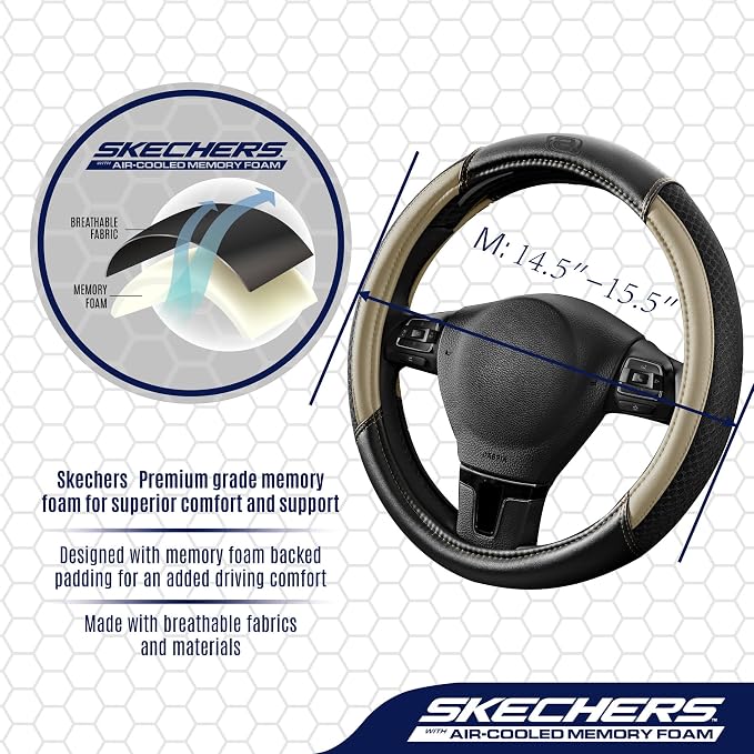 Skechers Air-Cooled Steering Wheel Cover,Leather Car Steering Wheel Cover Universal Fit 14" 1/2-15" Car Wheel Protector for Men Women Fit Suvs,Vans,Sedans,Car,Trucks,Beige - Image 4