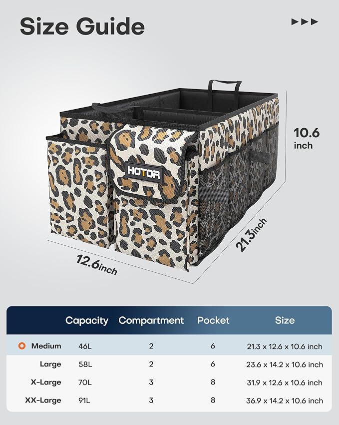 HOTOR Trunk Organizer - Foldable Car Organizer for SUVs & Sedans Storage | Sturdy Car Organization for Men & Women, Car Accessories, Tools, Sundries, Leopard, 2 Compartments, 21.3" x 12.6" x 10.6" - Image 2