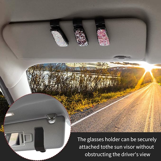Glasses Holders for Car Sun Visor, 2 Pack Bling Crystal Rhinestones Fashion Car Eyeglasses Sunglasses Hanger Mount with Ticket Card Clip for Women Girls (Purple) - Image 3