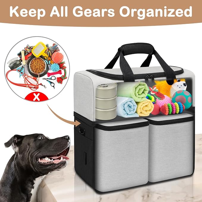 Mancro Dual Layers Dog Travel Bag, Dog Mom Gifts, Road Trip Essentials | Pet Travel Bags with 2 Extra Large Food Containers, 2 Collapsible Dog Bowls, Multi-Pockets Tote Organizer for Pet Supplies - Image 5