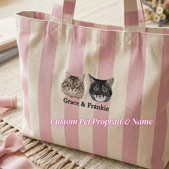 Custom Embroidered Pet Portrait Striped Tote Bag Personalized Dog Cat Mom Gift with Name Large Canvas Beach Shopping Tote for Women Reusable Summer Shoulder Bag - Image 5