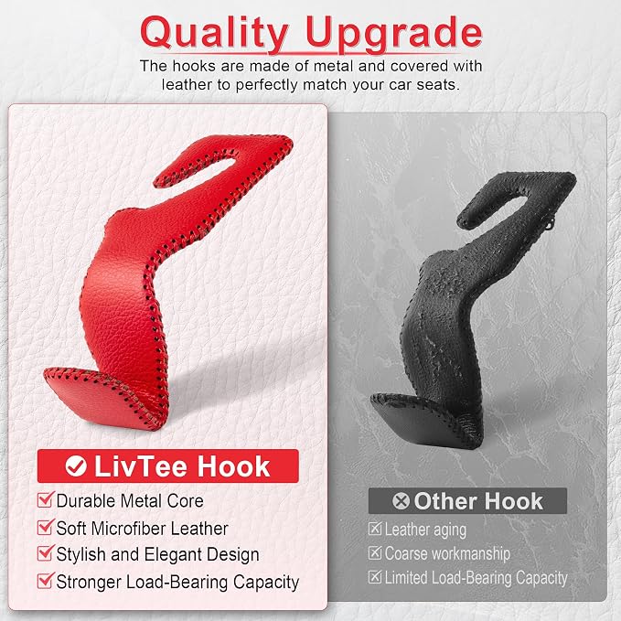LivTee Red Superior Leather Car Seat Back Headrest Hook, Auto Seat Hook Hangers Interior Accessories for Purse Coats Umbrellas Grocery Bags Handbag, 2-Pack - Image 4