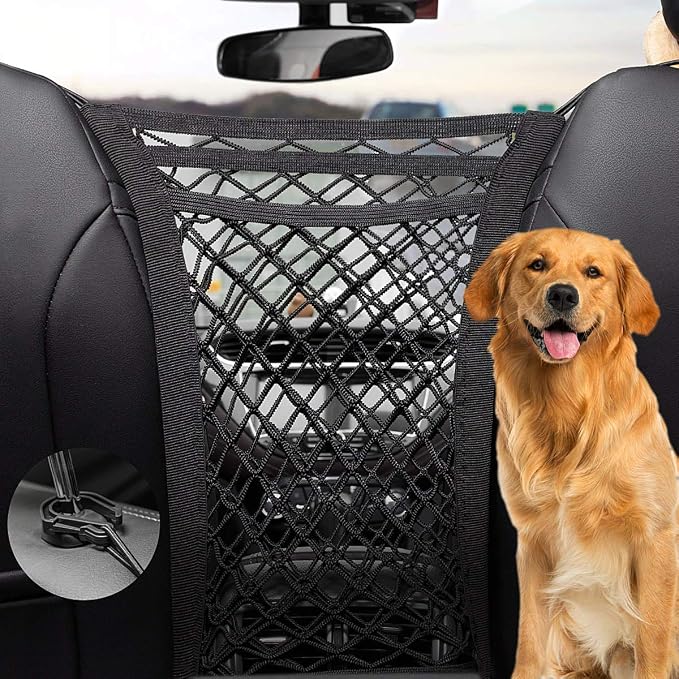 Dog Car Net Barrier 3 Layers with Auto Safety Mesh Organizer, Universal Stretchable Pet Barrier Backseat Storage Mesh Bag Dog Car Divider Net for Cars, SUVs-Drive Safely with Children and Pets by PRIDEEP