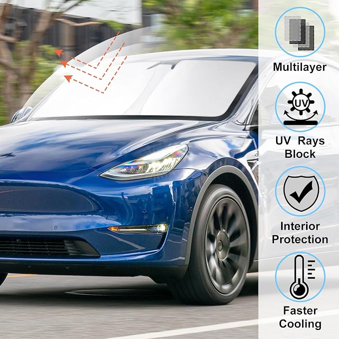 Windshield Sun Shade for 2017-2026 Tesla Model Y/Juniper 3/Highland | Full covered, Foldable & Durable, Block UV Rays, Reduce Heat, Easy to install, Keep Car Cooler - Image 2