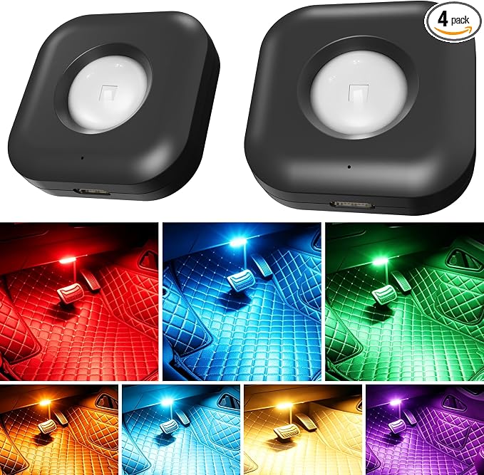 4PCS Car LED Lights Interior Wireless, 7 Color Ambient Lighting | USB-C Rechargeable 15H Runtime, Smart Sync Car Decor Gifts for All Vehicle Truck RV SUV Motorcycle Men Women Teens by ALDST
