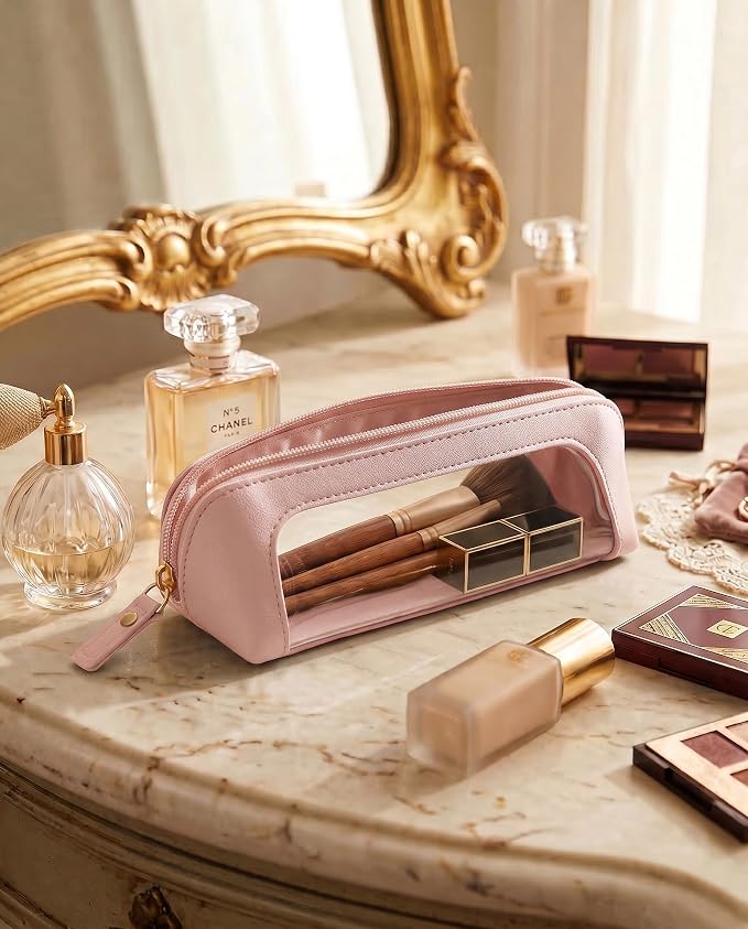 Clear Makeup Brush Bag Pouch,Waterproof PU Leather Portable Travel Makeup Bag with Transparent Window, Travel Essentials Pencil Case Organizer Pouch Car Accessories for Women Girls (Slim, Light Pink) - Image 3
