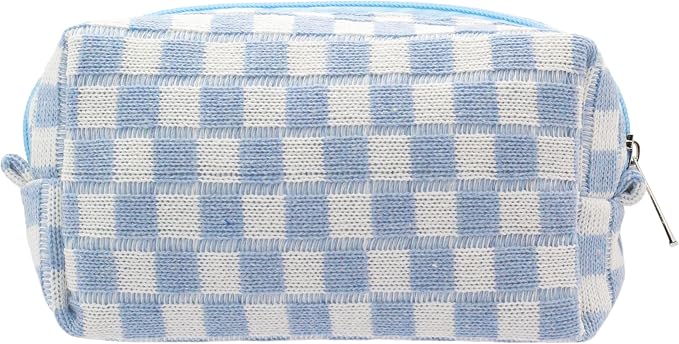 PAZIMIIK Checkered Makeup Bag for Purse Portable Zipper Make Up Pouch Small Cosmetic Case for Travel Accessories (Blue) | Cute Zipper Makeup Organizer for Women, Travel Essentials, Toiletries, Makeup Brushes, Beauty Accessories&Bridesmaid Gifts by PAZIMIIK