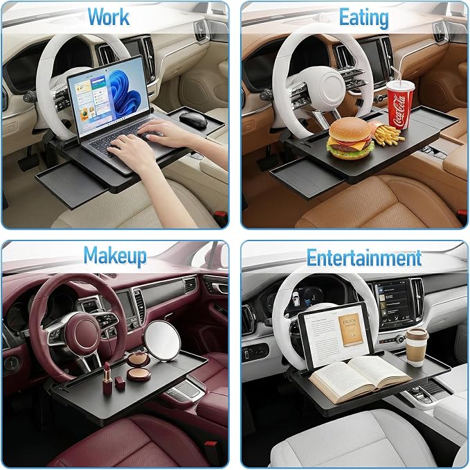 2 in 1 Steering Wheel Desk Dual Slide - 15"Out Trays Laptop Holder | Adjustable Laptop Tray,Car Seat Gap Filler Organizer with Tablet Slot Anti Slip Surface for Eating Writing Working for Car - Image 5