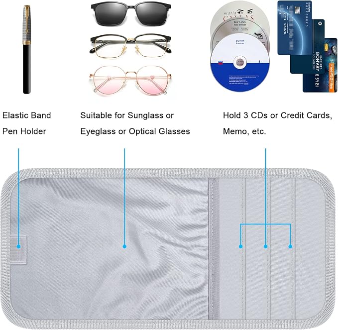 Wisdompro Car Sun Visor Storage Pouch, Sunglasses Bag & 3 CD Sleeves, Gray | with Pen Holder and Elastic Strap, Auto Sunvisor Organizer Pocket for Glasses, Document, Card, DVD, Papers, Receipts - Image 2