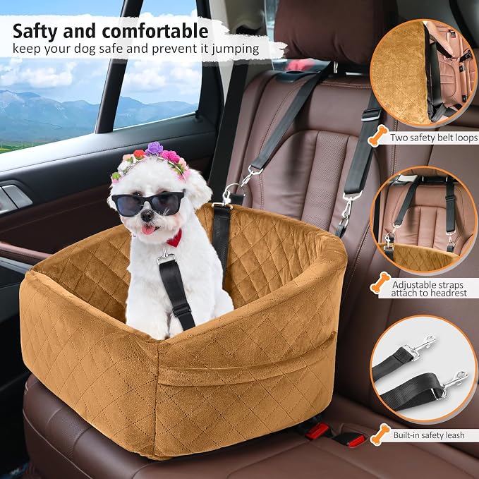 NEEZUKAR Dog Car Seat for Small Medium Dogs,Detachable Washable Dog Booster Seat Under 30lbs,Pet Car Seat Travel Bed with Storage Pockets and Dog Safety Belt（Brown - Image 3