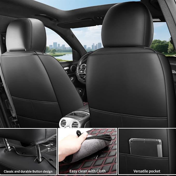 Black and Red Thick Nappa Leather Automotive Front Car Seat Covers Set of 2 | Univerasal Fit,3D Contoured,Waterproof,ThickTexture Nappa Leather,for most Suvs Trucks Sedans - Image 8