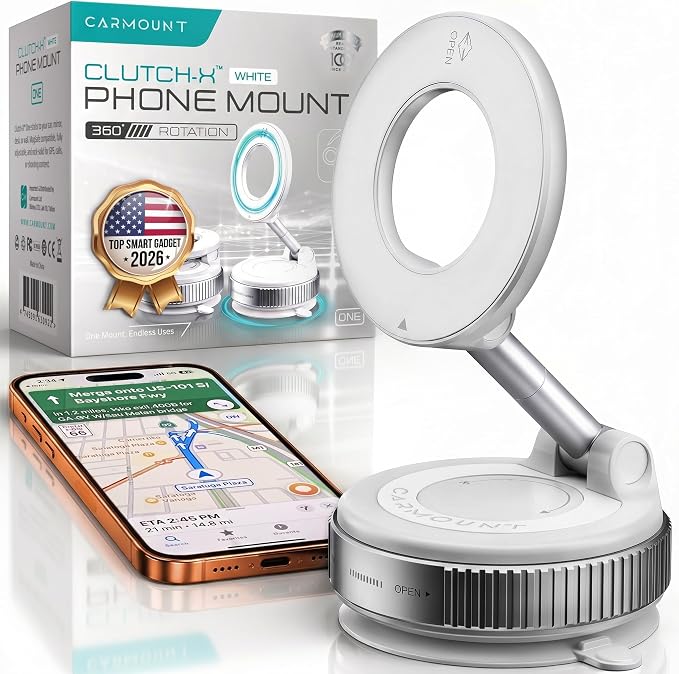 Clutch-X™ White – Upgraded Vacuum Phone Mount Suction Cup Car Phone Holder for iPhone, Window Phone Mount, 360° Vacuum Magnetic Phone Holder for Car, Magnetic Phone Holder with Suction Cup by CARMOUNT