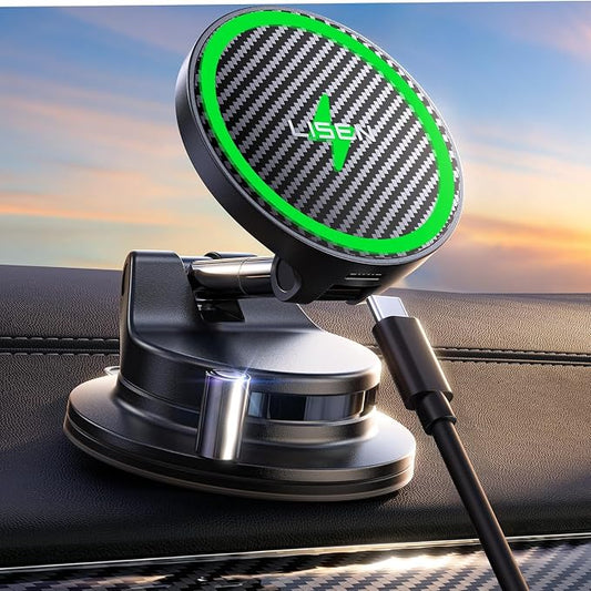 LISEN for 15W Magsafe Car Mount Charger, [Carbon Fiber] 360° Magnetic Wireless Car Charger, Suction Car Phone Mount for Car Accessories for Men, Car Phone Holder for iPhone 17 Pro Max 16 15 14 13 12 by Lisen