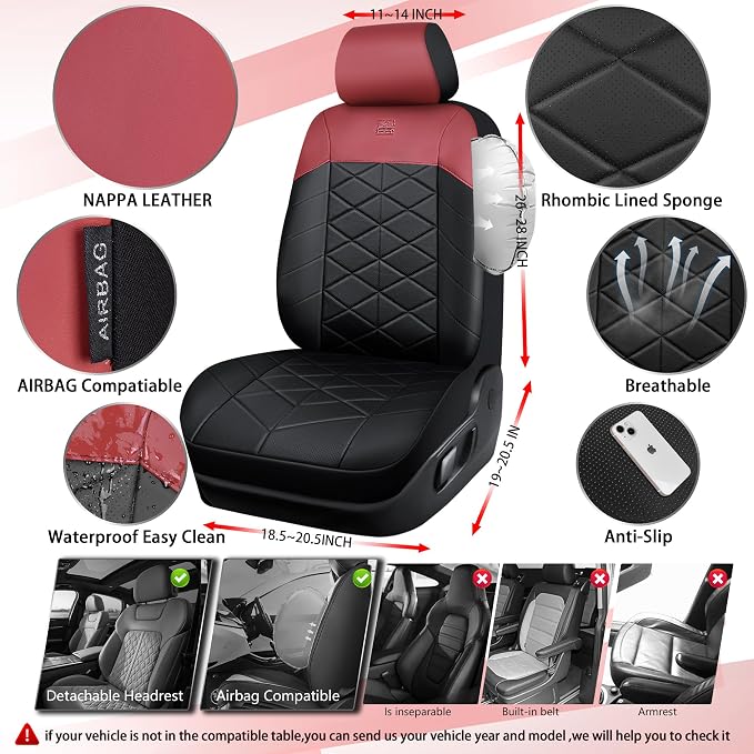 CAR PASS Memory Foam Leather Front Seat Covers, Breathable Perforated Nappa Leather Seat Covers Universal Fit for Cars,SUV,Truck Seat Covers Thick 3D Foam Comfort, Airbag Compatible Black Burgundy Red - Image 3
