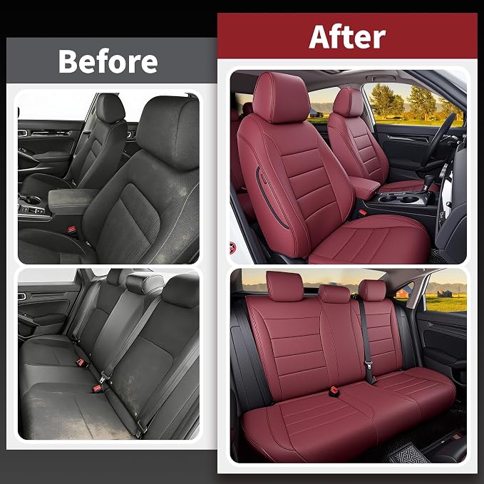 HKZ Custom Fit Civic Seat Cover Full Set for 11th Gen Honda Civic 4 Door (Hatchback Sport 2022-2026)&(Hatchback LX 2022-2024) 5-Seats Full Set,Leather Seat Protector(Burgundy) - Image 6