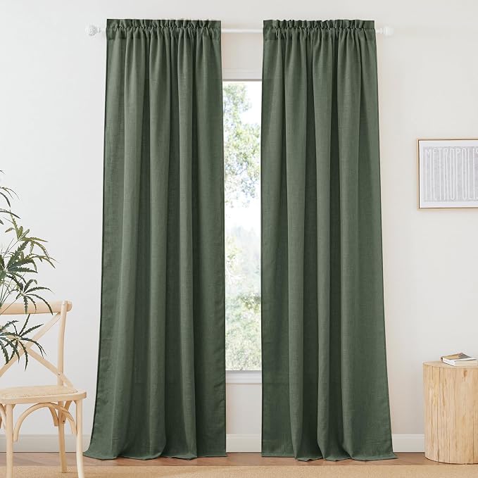 RYB HOME Spring Curtains for Living Room, Light Filtering Privacy Protection Linen Sheer Curtains for Sliding Glass Door, W 52 x L 90 inches, Hunter Green, 2 Panels Set by RYBHOME
