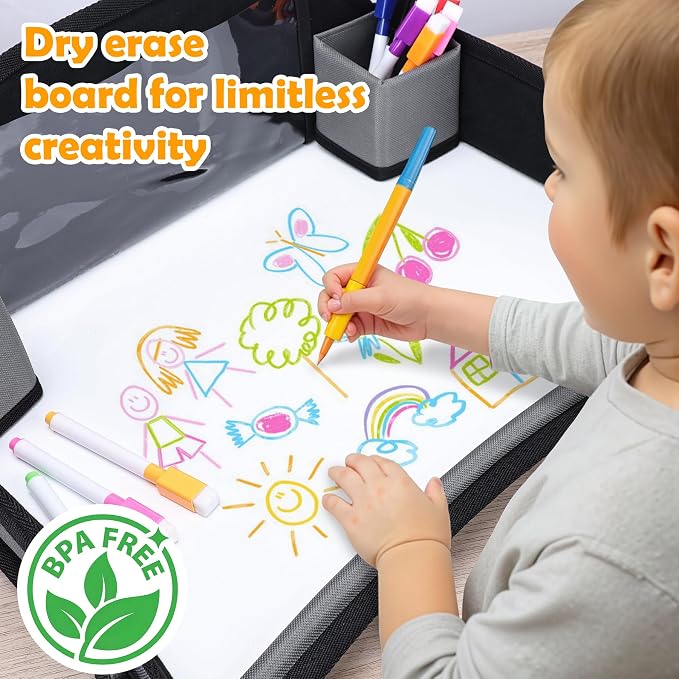Toddler Car Seat Travel Tray FOR Road/Airplane Trip Activities, Grey | Travel Tray With 16.7" x 13.4" Smooth Dry Erase Board, Cup holders, Ddjustable Strap & Shoulder Carry Strap - Image 3