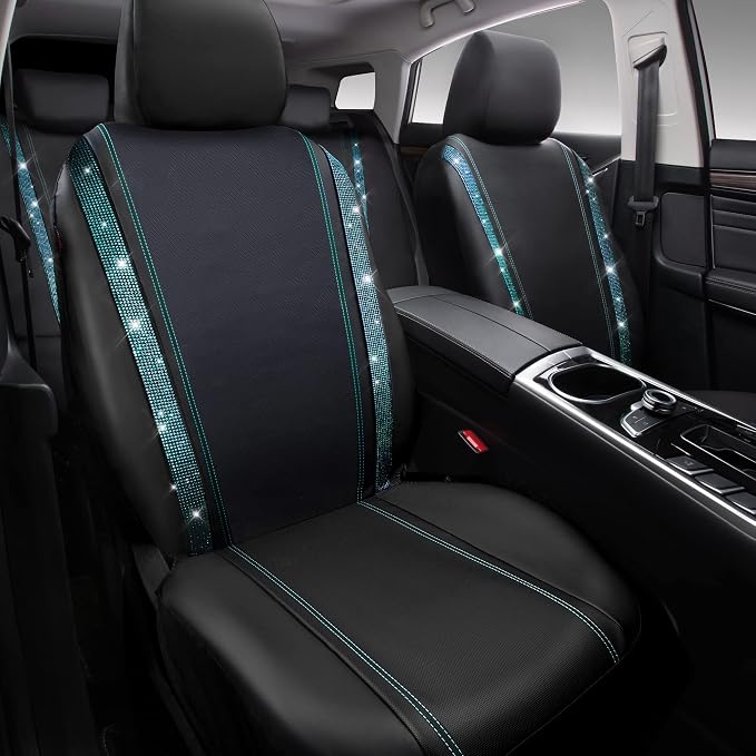 CAR PASS Bling Car Seat Covers Full Set, Shining Rhinestone Diamond Waterproof Faux Leather Universal Fit 95% Automotive Glitter Crystal Sparkle Strips for Cute Women Girl, Full Set (Mint Diamond) - Image 2