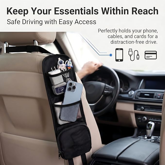 Car Seat Side Organizer, Multi-Pocket Car Storage Organizer with Mesh Net, Multifunctional Seat Storage Hanging Bag, Universal Auto Seat Side Organizers for Cars, SUV & Truck (Black) - Image 5