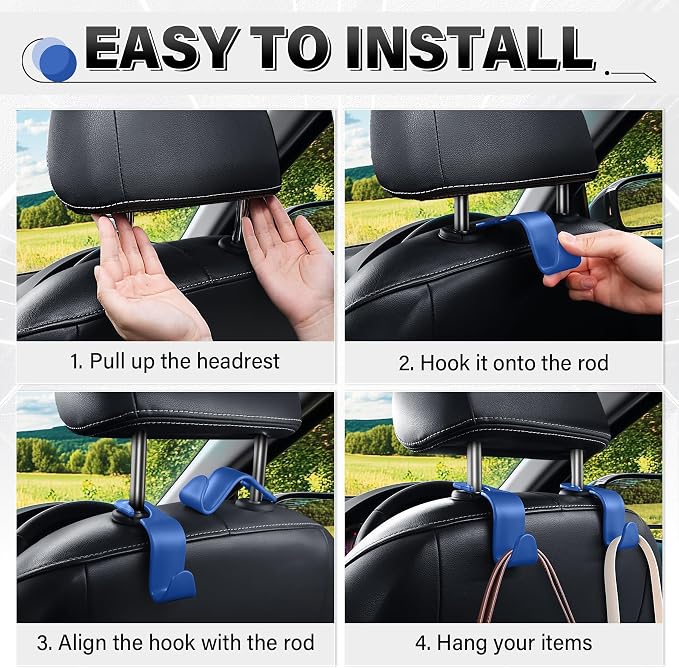 SINGARO 4 Pack Car Seat Headrest Hooks, Vehicle Back Seat Hanger Storage Organizer for Purse Handbag Backpack Coat Grocery, 360° Rotating Heavy Duty Holds 44lbs, Blue - Image 5