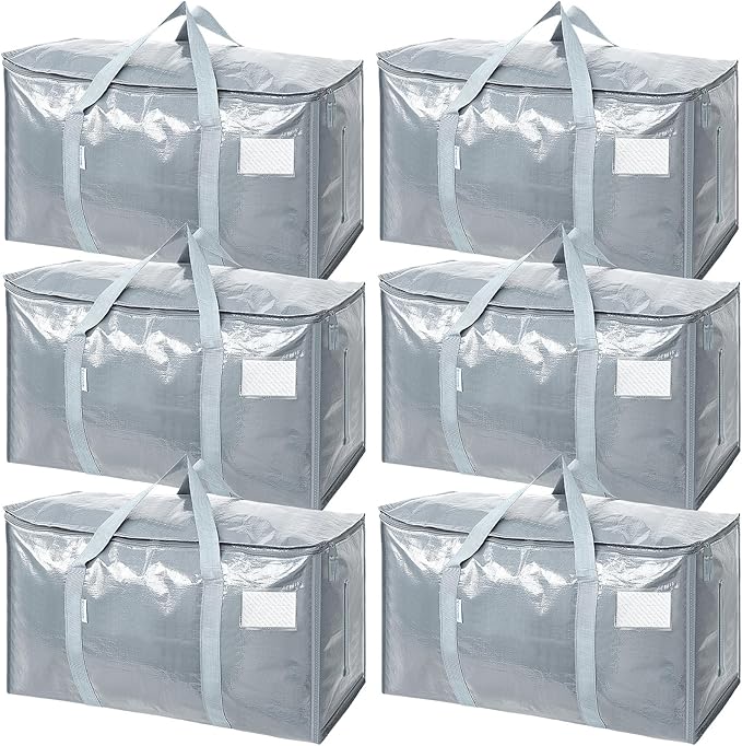 TICONN 6 Pack Extra Large Moving Bags Heavy Duty with Zippers & Carrying Handles, Durable Storage Bags Moving Boxes for Closet Organizers and Storage (6 Pack, Light Grey) by TICONN