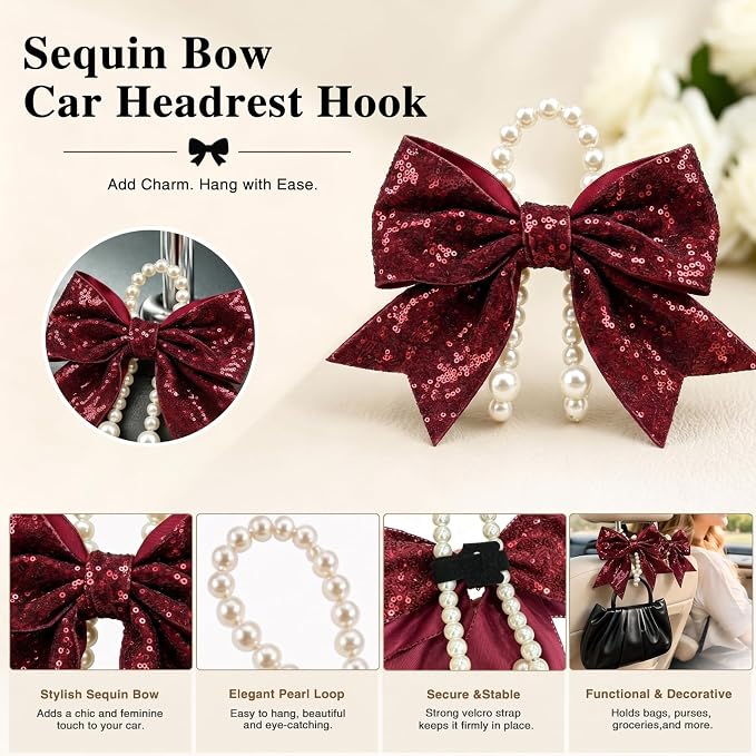 2 Pack Pearl Car Seat Headrest Hook with Bow & Sequin/Leopard/Polka Dot Design – Cute Purse Hanger for Vehicle,Grocery Bags, Umbrellas, Seat Back Organizer for Women (Red Sequins) - Image 5