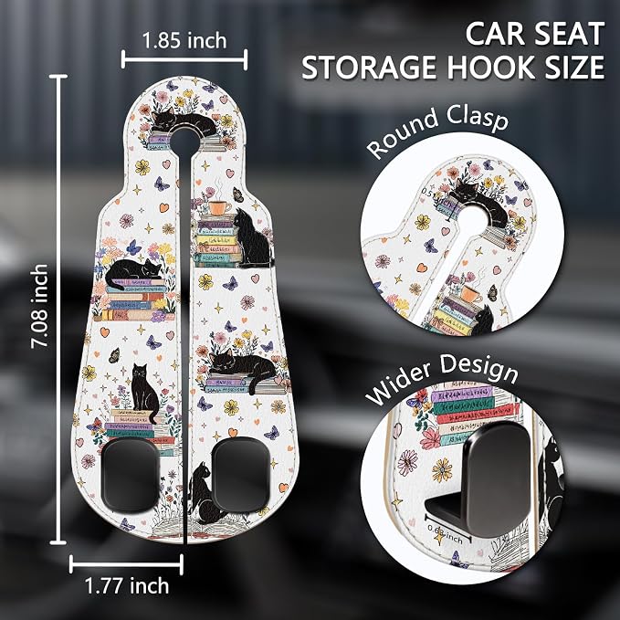Blusabaca 2PCS Car Seat Headrest Hooks, Purses Bags Holder, Book Lover Cat | PU Leather, Double Metal Back Storage Hangers for Grocery Bags Handbags Bottles Coats Phones, Car Accessories Organization - Image 5