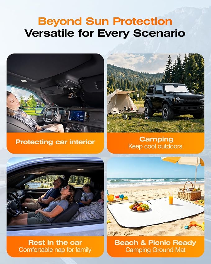 Cooling Windshield Sun Shade for Ford Bronco 2021-2026, 240T Beige, UPF 50+ | Heat-Insulating Fabric, 99% UV Protection and Heat Insulation, Foldable, Storage Bag Included, for Cars SUVs and Trucks - Image 8