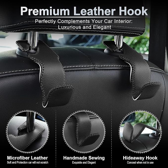LivTee Black Superior Leather Car Seat Back Headrest Hook, Auto Seat Hook Hangers Interior Accessories for Purse Coats Umbrellas Grocery Bags Handbag, 2-Pack - Image 2