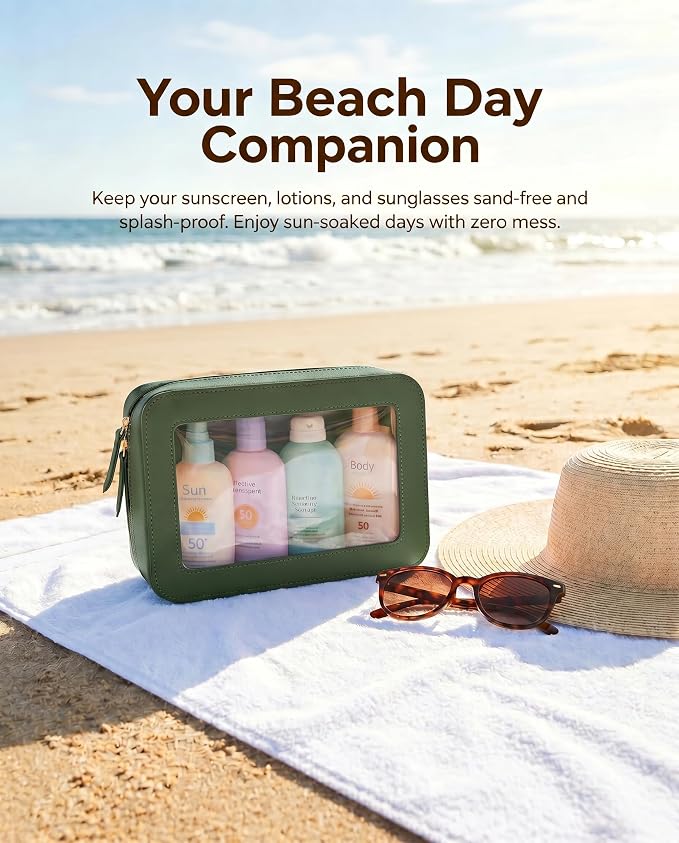 Clear Makeup Bags,TSA Approved Toiletry Bag with Zipper,Sunscreen Bag Clear Makeup Toiletry Pouch Beach Vacation Essentials for Women Teen Girls Gifts(Vintage Green) - Image 2