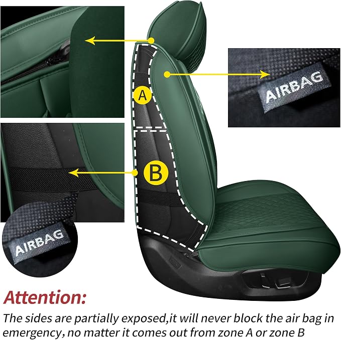 Green Thick Nappa Leather Automotive Front Car Seat Covers Set of 2 | Univerasal Fit,Lumbar Support,3D Contoured,Semi Coverage,Waterproof,ThickTexture,for most Suvs Trucks Sedans - Image 5