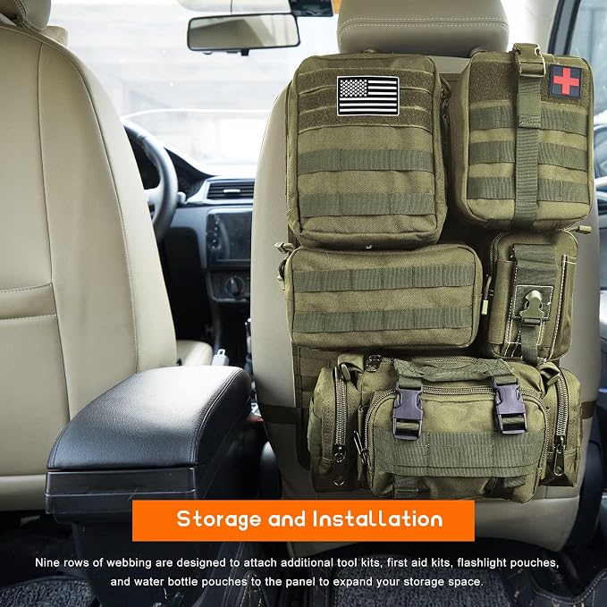 Car Seat Back Organizer, Molle Sag Proof Nylon Auto Backseat Hanger Protective Pad, Universal Seat Back Protector Tactical Panel Storage Bag for Cars SUVs Trucks Pickups (Army Green) - Image 4