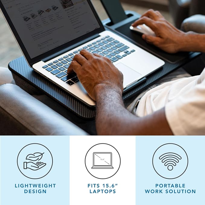 LAPGEAR Home Office Lap Desk – Black Carbon, Fits 15.6” Laptops | Built-In Mouse Pad & Phone Slot, Integrated Device Ledge, Dual-Bolster Microbead Cushion, Carry Handle - Image 2