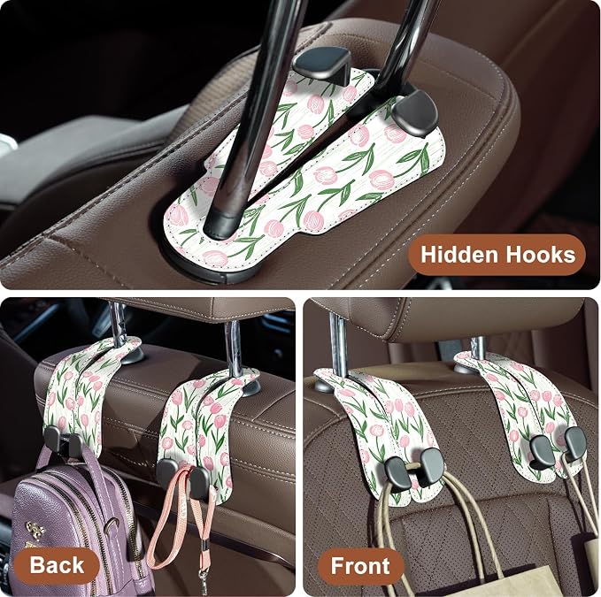 CoBak Purse Hook for Car - Universal Premium Stitched Leather and Aluminum-Magnesium Alloy Double Car Seat Back Storage Hook for Purses, Handbags, Bags (2 Pack),Tulip - Image 6