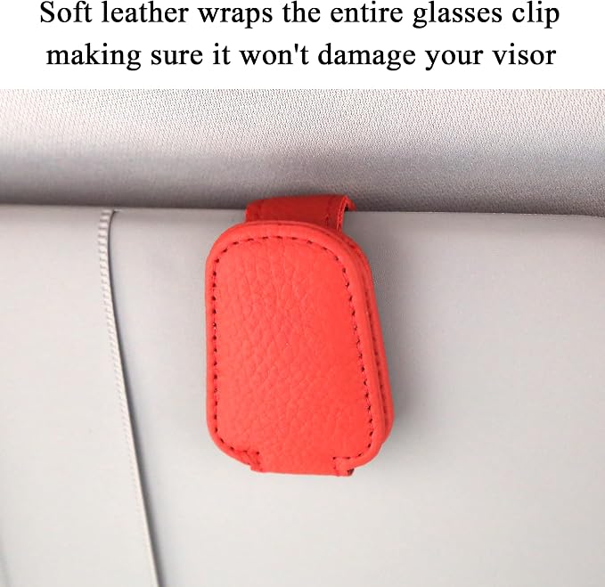 KIWEN Sunglasses Holders for Car Visor, Magnetic Leather Glasses Eyeglass Clip for Car, Ticket Card Clip Sunglasses Mount, Car Visor Accessories Gadgets (1, Red) - Image 2