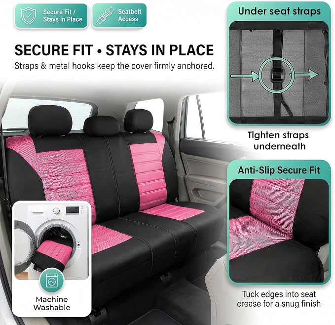 FH Group Automotive Car Seat Covers Rear Set Premium 3D Air Mesh Seat Covers, Airbag Compatible and Split Bench Cover Universal Fit Interior Accessories for Cars Trucks and SUVs - Pink - Image 4