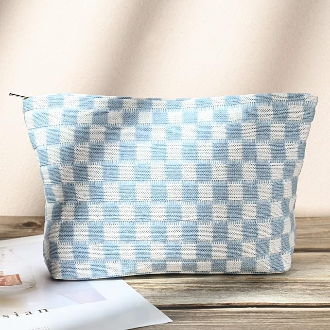 SOIDRAM 2 Pieces Makeup Bag Large Checkered Cosmetic Bag Capacity Canvas Mix Travel Toiletry Bag Organizer Cute Makeup Brushes Aesthetic Accessories Storage Bag for Women, Checkered Mix Blue - Image 6