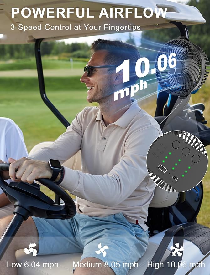 [Upgraded 2X Magnet] 2-Pack Magnetic Golf Cart Fan Rechargeable, 12000mAh Battery Operated Portable Fan with Light, Magnetic Base, Suitable for EZGO Club Car Yamaha, Golf Cart Accessories 2026 - Image 3