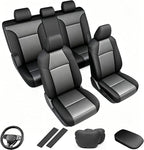 AOMSAZTO Car Seat Covers for Toyota RAV4 2019-2025 Hybrid,Not for SE&XSE | Custom Fit 5-Piece Set Includes Neck Pillows,Armrest Cover,Steering Wheel Cover and Seat Belt Covers-Faux Leather Black&Gray by AOMSAZTO