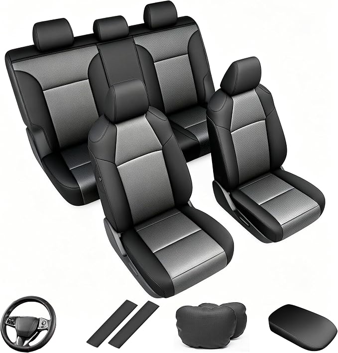 AOMSAZTO Car Seat Covers for Toyota RAV4 2019-2025 Hybrid,Not for SE&XSE | Custom Fit 5-Piece Set Includes Neck Pillows,Armrest Cover,Steering Wheel Cover and Seat Belt Covers-Faux Leather Black&Gray by AOMSAZTO