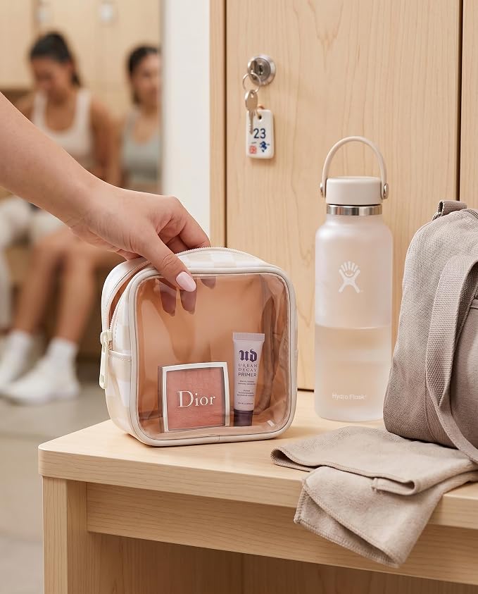 Clear Checkered Makeup Bag, Small Cosmetic Pouch with Zipper Mini Waterproof Makeup Purse Organizer Cute Cosmetic Bag Travel TSA Approved Toiletry Bag Car Organizer for Women Girls (Beige) - Image 7