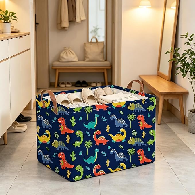 FXOLCSHE Halloween Dinosaur Basket for Kids,Nursery Hamper,Waterproof folding laundry basket,Dinosaur Gift Baskets Empty,Baby Laundry Hamper,Dinosaurs Room decor(Blue Dinosaurs) - Image 5