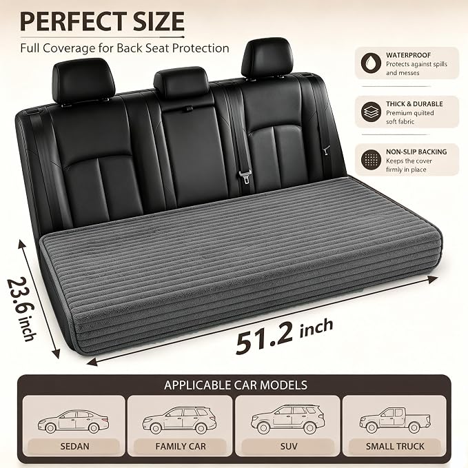 Dog Car Back Seat Bed Waterproof Non Slip Washable Pet Cover | Ultra-soft plush flannel pad soothes pet joint discomfort Vacuum compressed, heavy duty tear-resistant fabric(Dark Grey) - Image 2
