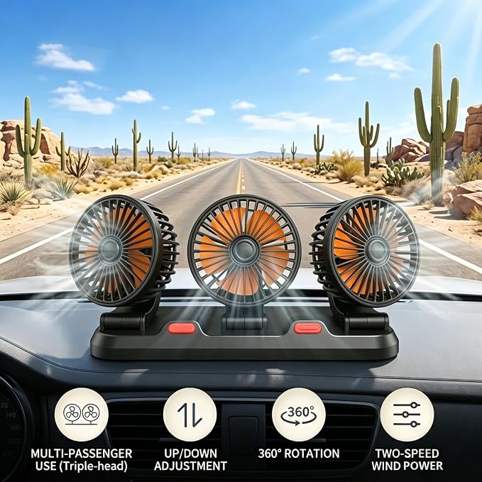 12V Adjustable 3-Head Car Cooling Fan, 360° Rotation Dashboard Fan with 2 Speeds, Portable Tree-Style Turbo Cooler for SUV/RV/Truck/Van/Diesel Engine, Powered by Cigarette Lighter - Image 5